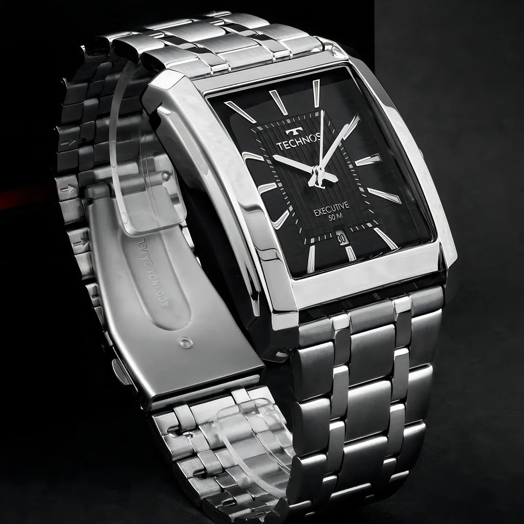 Relógio Analógico Technos Masculino Inoxidável Prata Fundo Preto