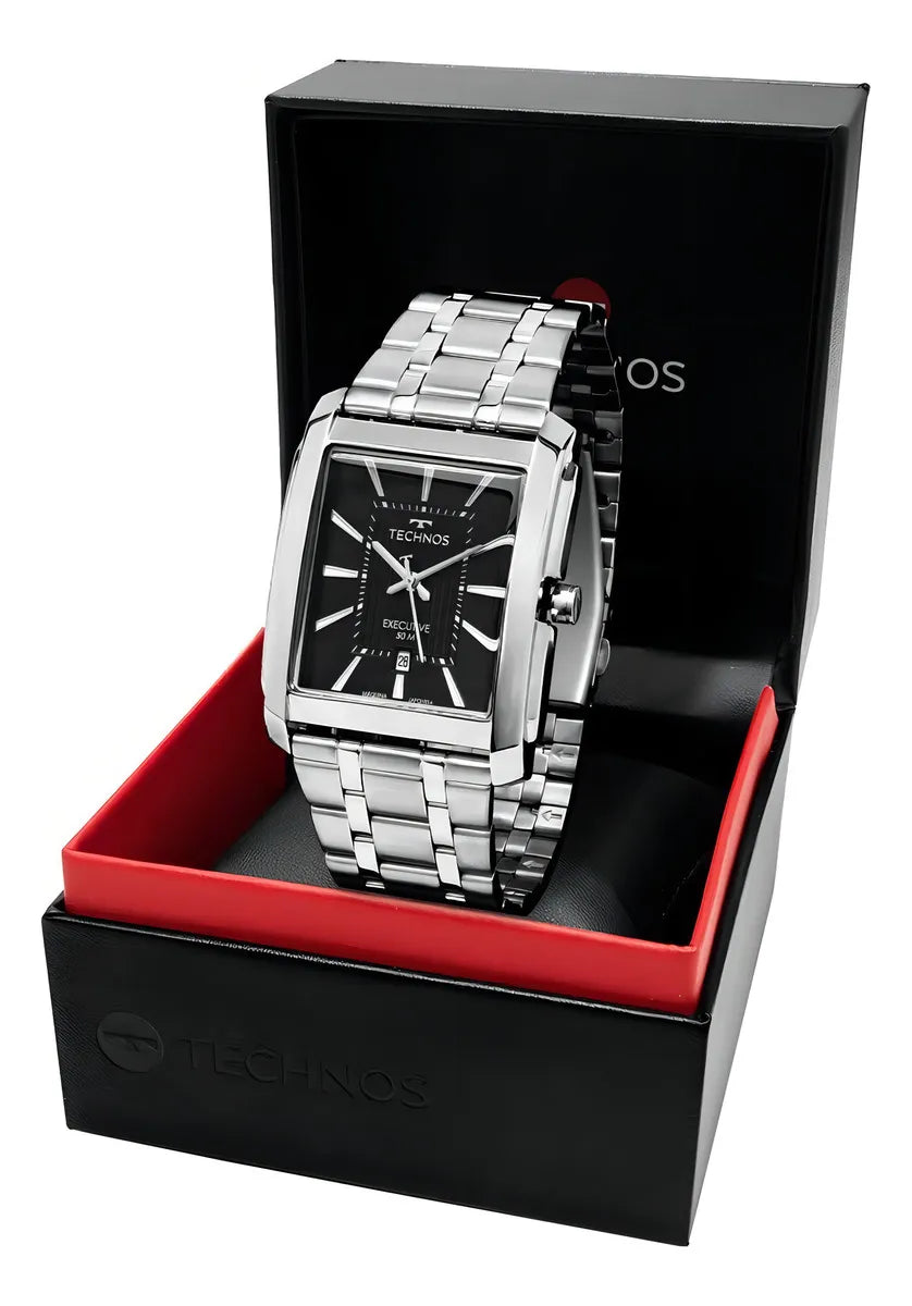 Relógio Analógico Technos Masculino Inoxidável Prata Fundo Preto
